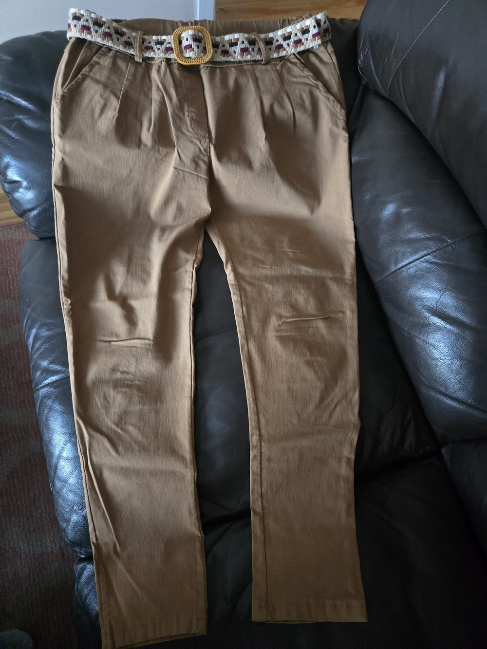 Casual Tan High-Waist Trousers with Woven Belt